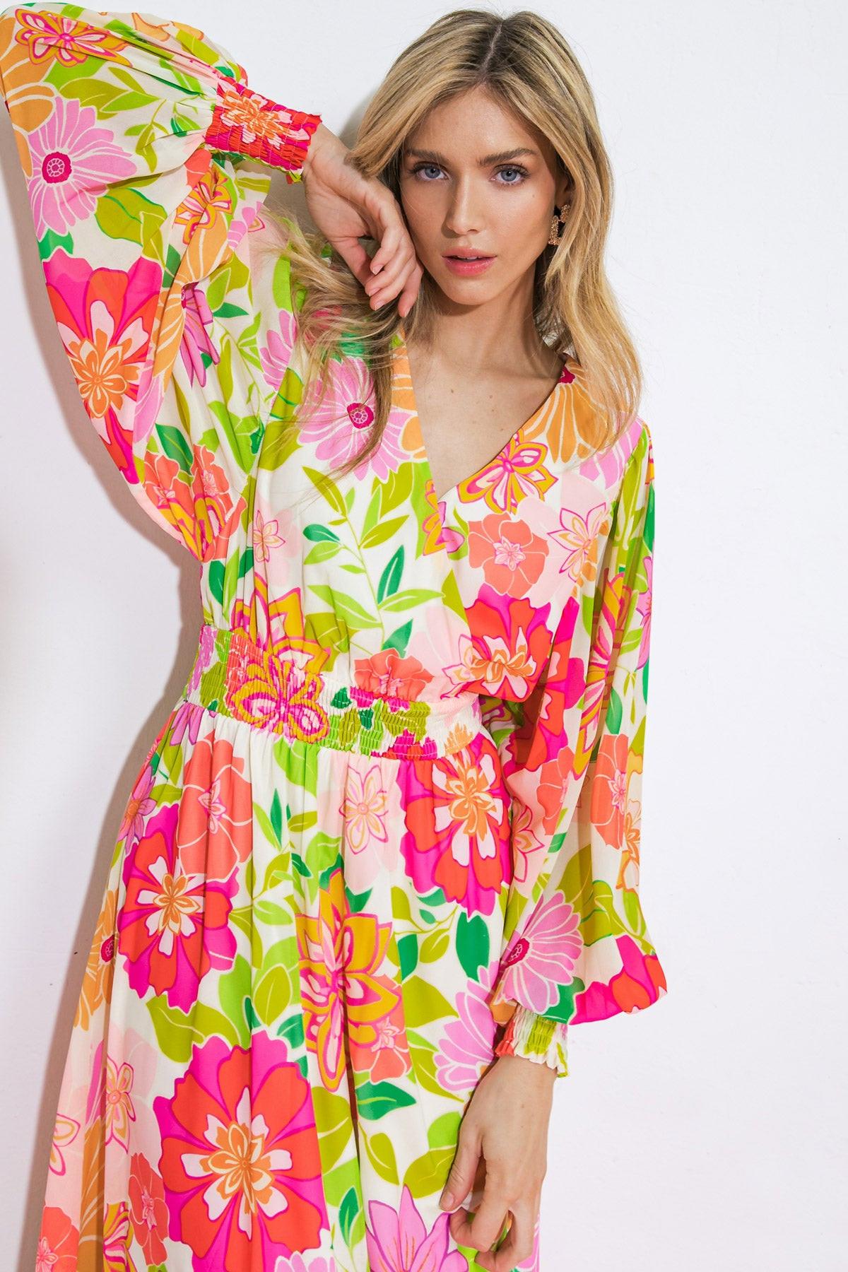 Women’s Printed Surplice Maxi Dress – Smocked Waist Long Sleeve Ruffle Hem Dress