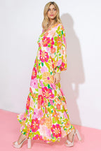 Women’s Printed Surplice Maxi Dress – Smocked Waist Long Sleeve Ruffle Hem Dress