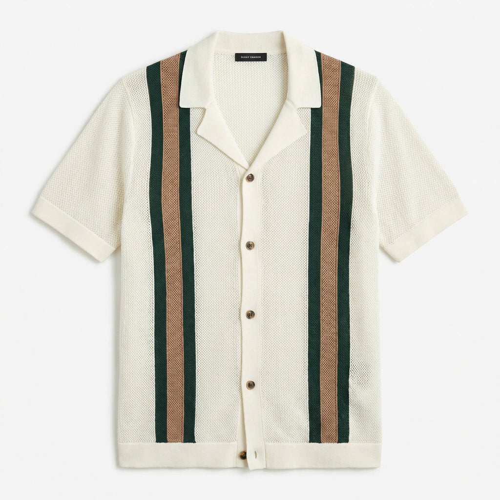 Men’s Vintage Crochet Knit Polo Shirt – Striped Camp Collar Relaxed Fit Summer Resort Top