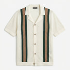 Men’s Vintage Crochet Knit Polo Shirt – Striped Camp Collar Relaxed Fit Summer Resort Top