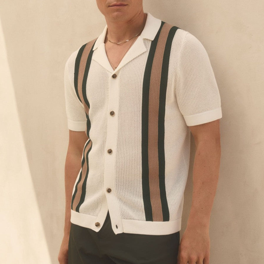 Men’s Vintage Crochet Knit Polo Shirt – Striped Camp Collar Relaxed Fit Summer Resort Top