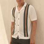 Men’s Vintage Crochet Knit Polo Shirt – Striped Camp Collar Relaxed Fit Summer Resort Top