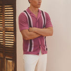 Men’s Vintage Crochet Knit Polo Shirt – Striped Camp Collar Relaxed Fit Summer Resort Top