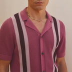 Men’s Vintage Crochet Knit Polo Shirt – Striped Camp Collar Relaxed Fit Summer Resort Top