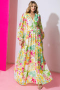 Women’s Printed V-Neck Maxi Dress – Smocked Waist Peasant Sleeve Flowing Dress