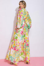 Women’s Printed V-Neck Maxi Dress – Smocked Waist Peasant Sleeve Flowing Dress