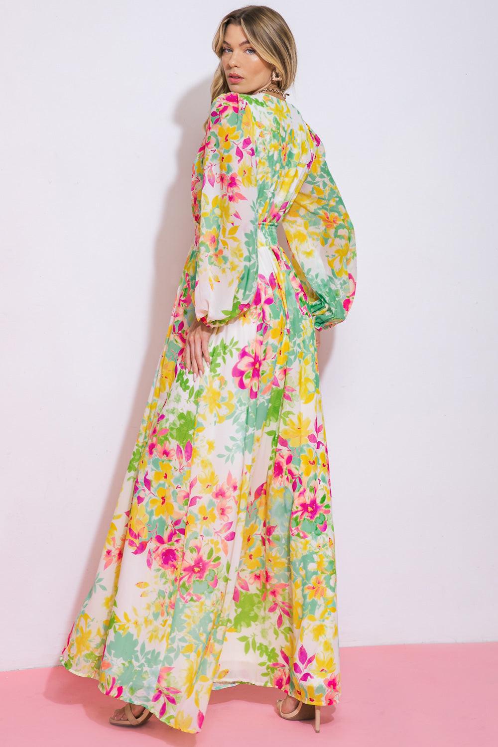 Women’s Printed V-Neck Maxi Dress – Smocked Waist Peasant Sleeve Flowing Dress