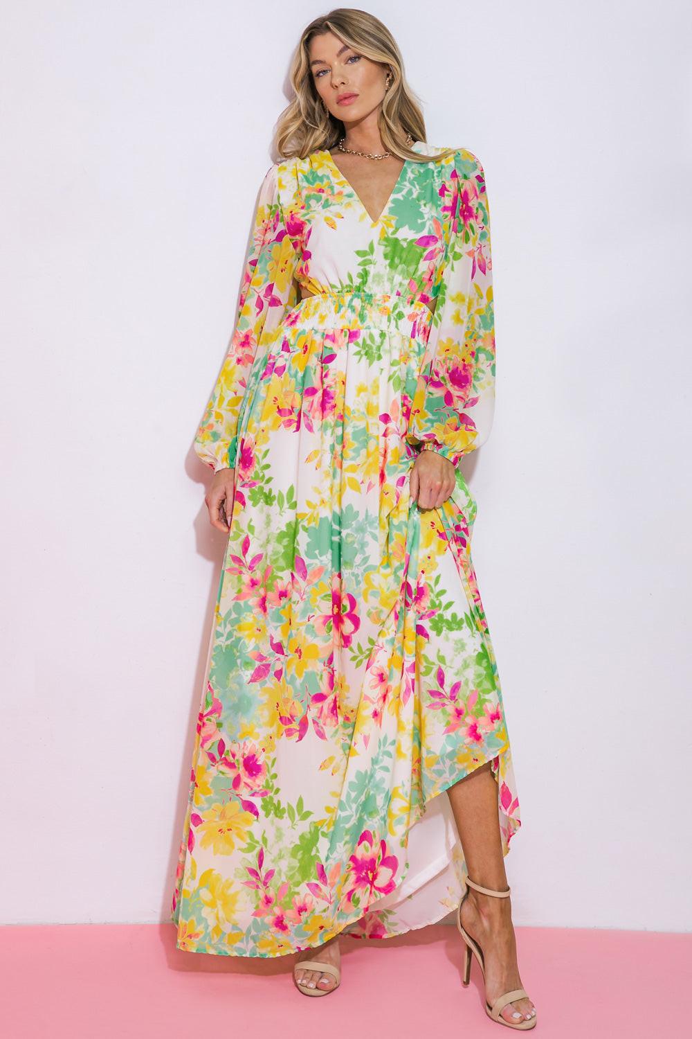 Women’s Printed V-Neck Maxi Dress – Smocked Waist Peasant Sleeve Flowing Dress
