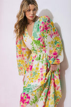 Women’s Printed V-Neck Maxi Dress – Smocked Waist Peasant Sleeve Flowing Dress