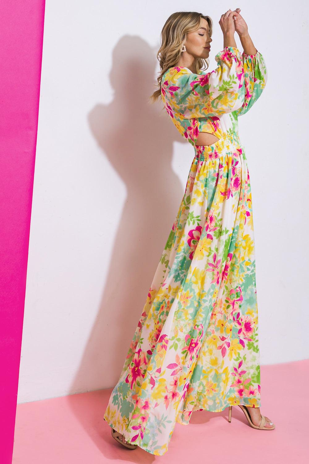 Women’s Printed V-Neck Maxi Dress – Smocked Waist Peasant Sleeve Flowing Dress