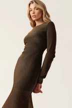 Women’s Long Sleeve Mermaid Maxi Dress – Elegant Round Neck Fitted Evening Gown