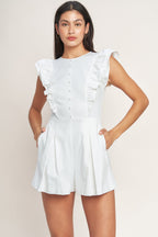 Solid Double Ruffle Sleeve Button-Down Woven Romper