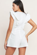 Solid Double Ruffle Sleeve Button-Down Woven Romper