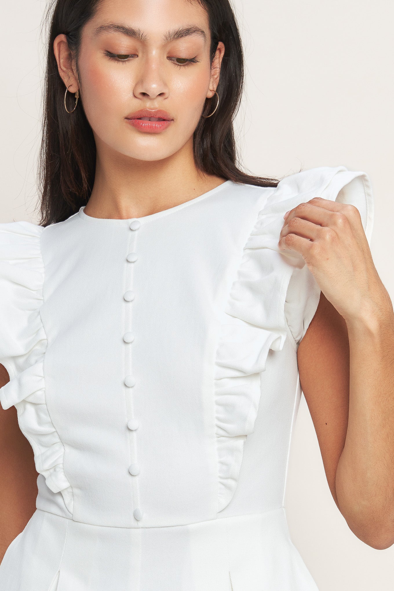 Solid Double Ruffle Sleeve Button-Down Woven Romper