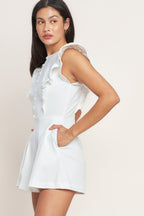 Solid Double Ruffle Sleeve Button-Down Woven Romper