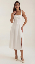 Jade Lace-Up Midi Dress — Women’s Sweetheart Neck A-Line Midi Dress with Side Slit Elegant Summer Dress