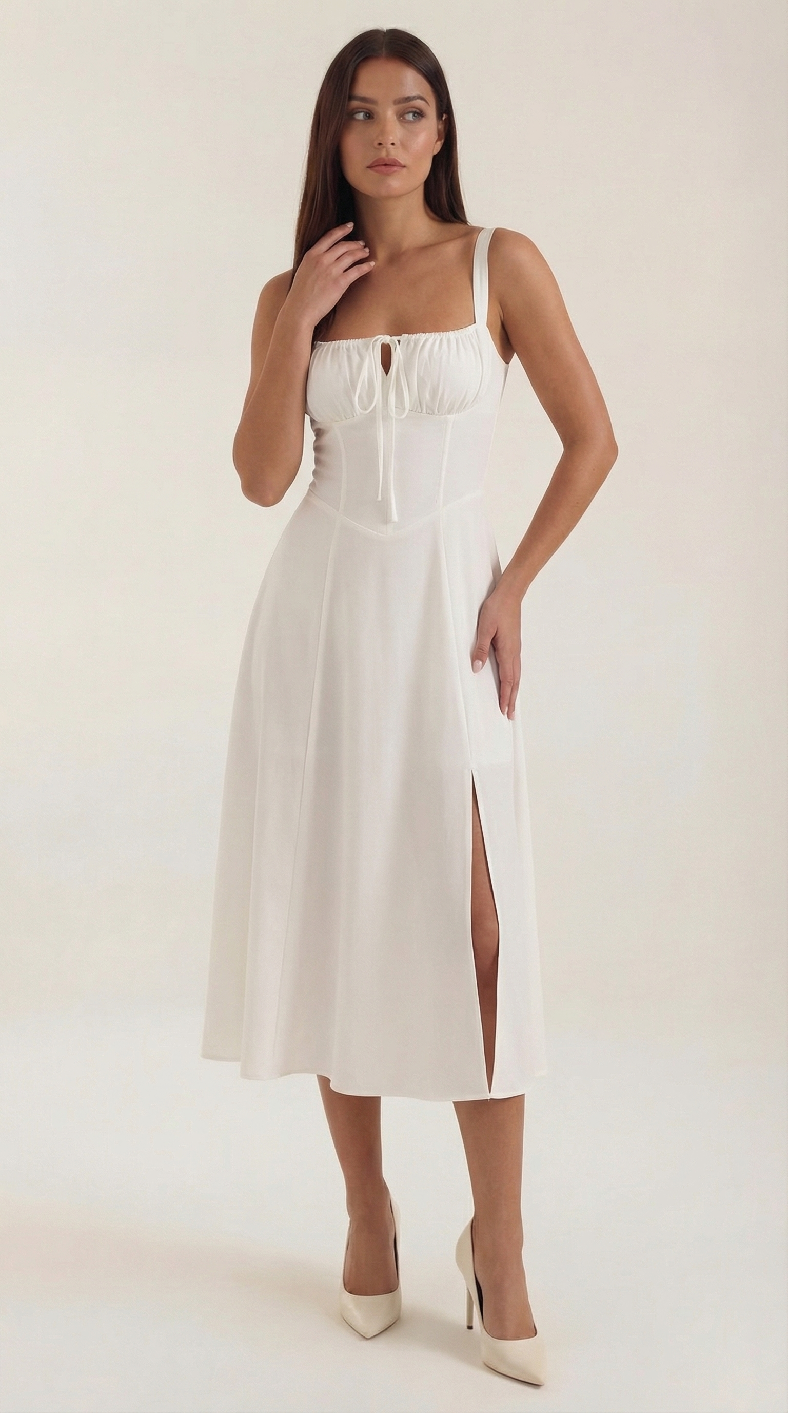 Jade Lace-Up Midi Dress — Women’s Sweetheart Neck A-Line Midi Dress with Side Slit Elegant Summer Dress