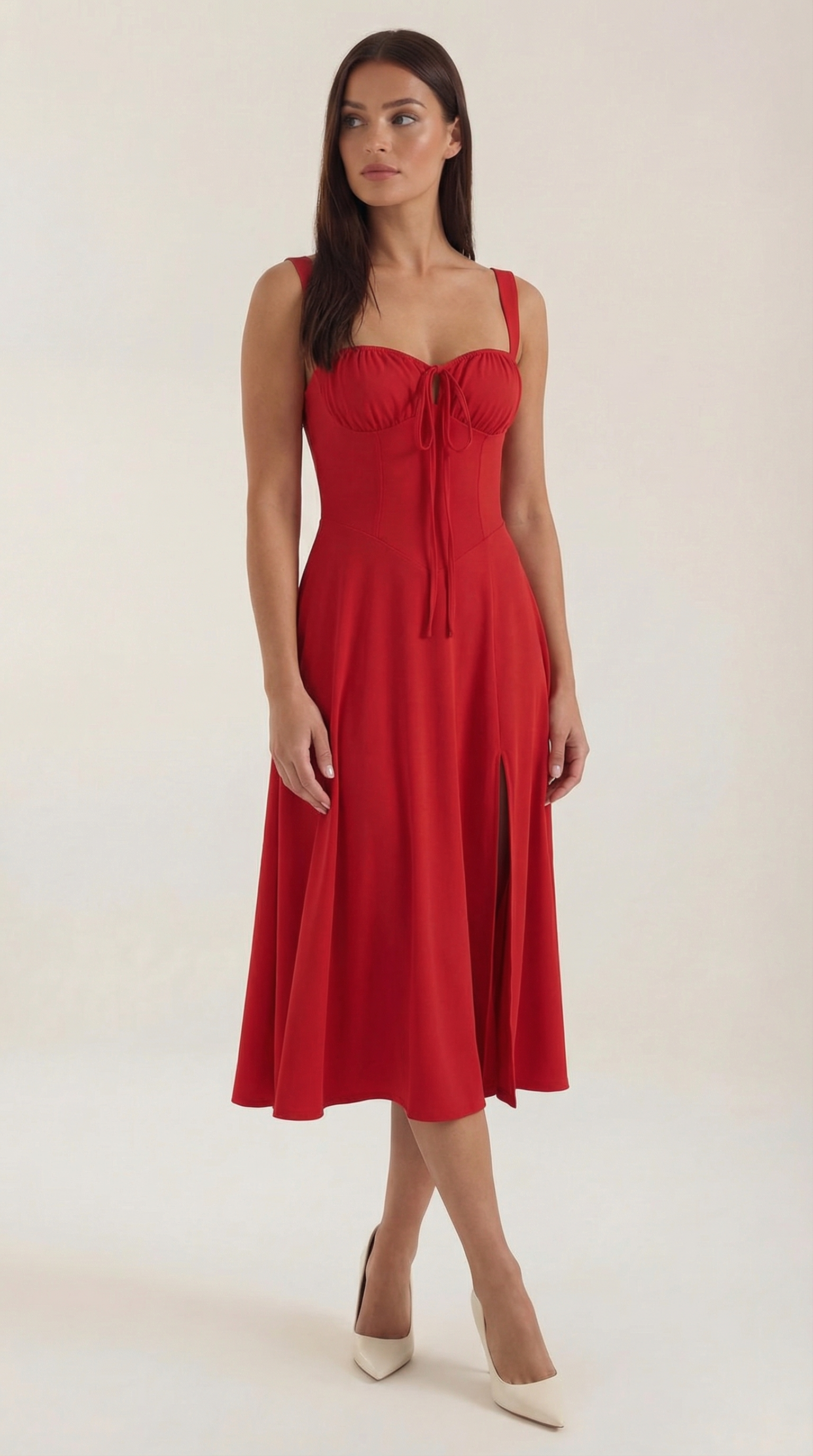 Jade Lace-Up Midi Dress — Women’s Sweetheart Neck A-Line Midi Dress with Side Slit Elegant Summer Dress