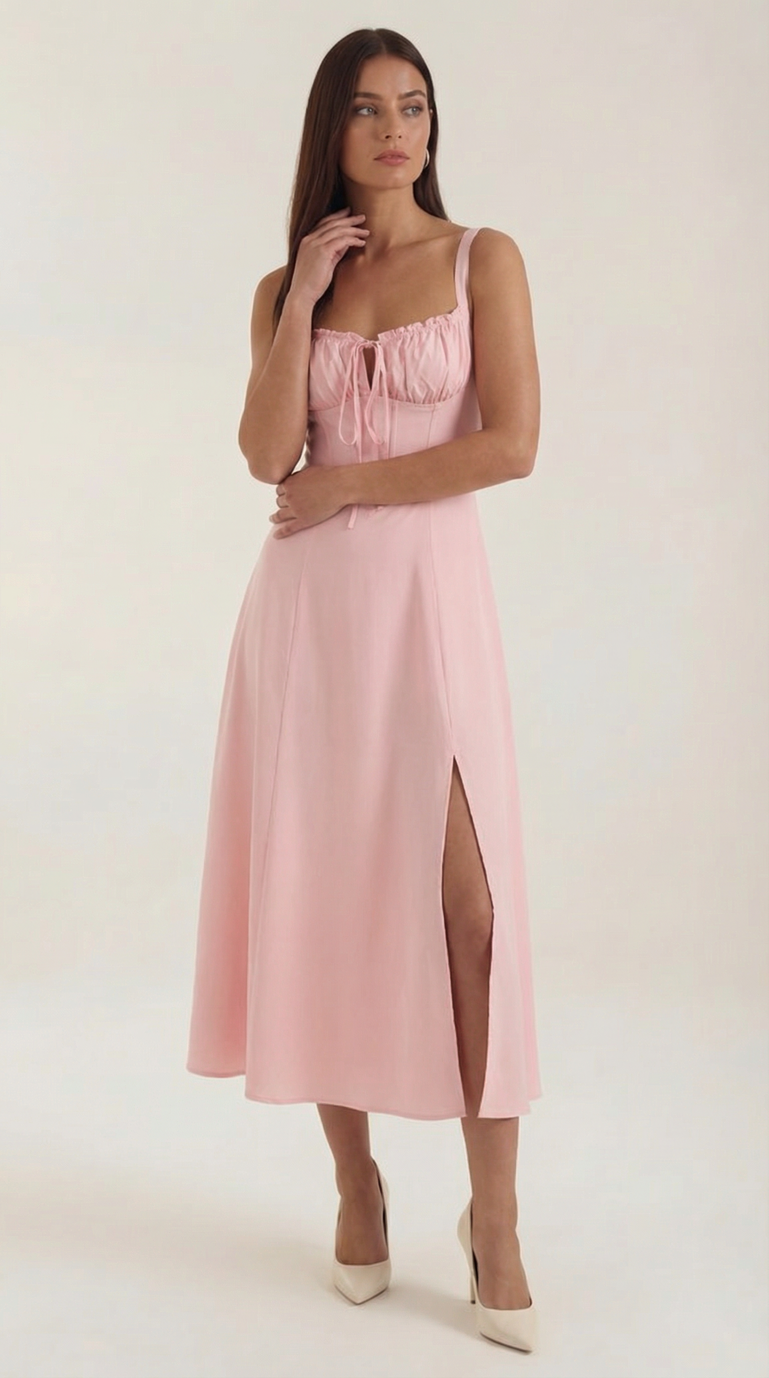 Jade Lace-Up Midi Dress — Women’s Sweetheart Neck A-Line Midi Dress with Side Slit Elegant Summer Dress