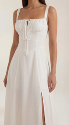 Jade Lace-Up Midi Dress — Women’s Sweetheart Neck A-Line Midi Dress with Side Slit Elegant Summer Dress