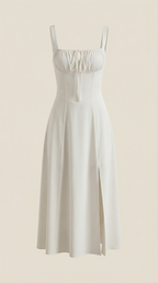 Jade Lace-Up Midi Dress — Women’s Sweetheart Neck A-Line Midi Dress with Side Slit Elegant Summer Dress