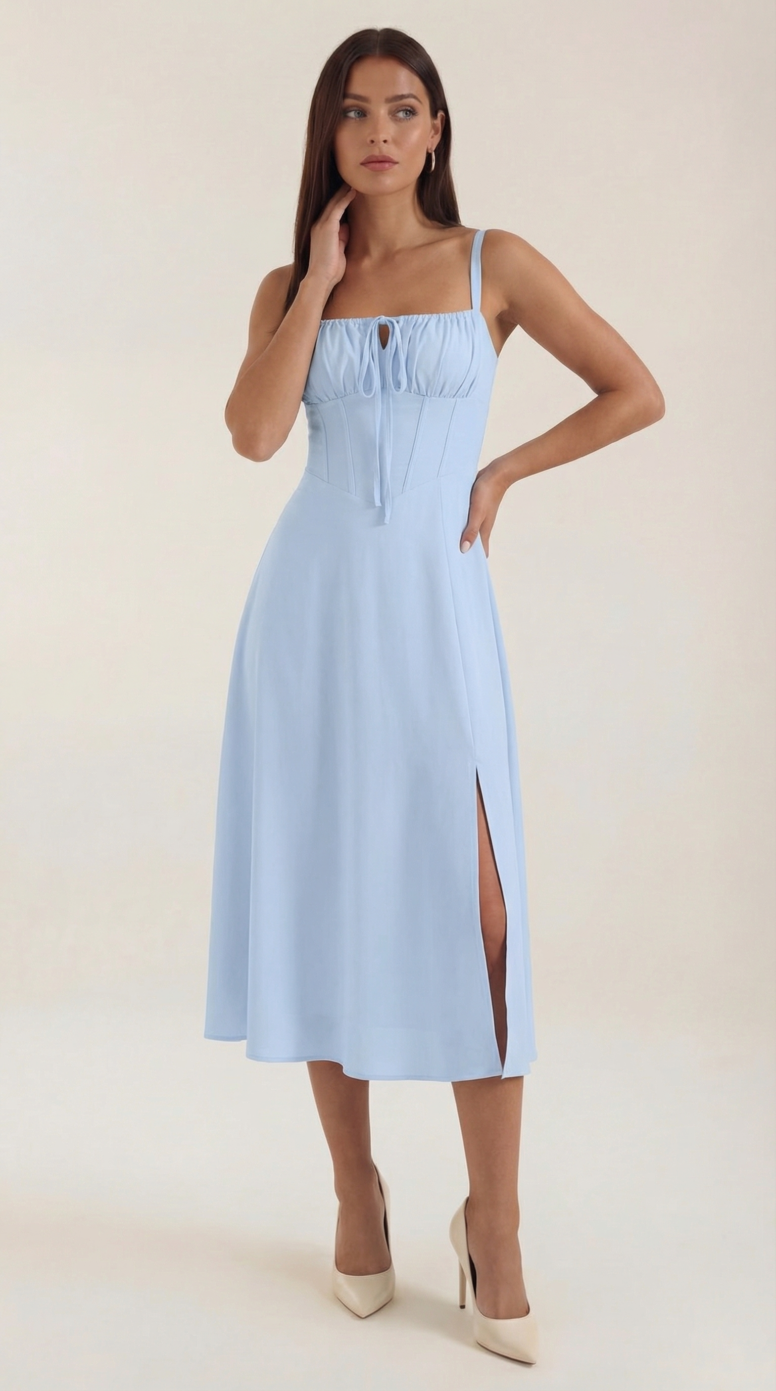 Jade Lace-Up Midi Dress — Women’s Sweetheart Neck A-Line Midi Dress with Side Slit Elegant Summer Dress