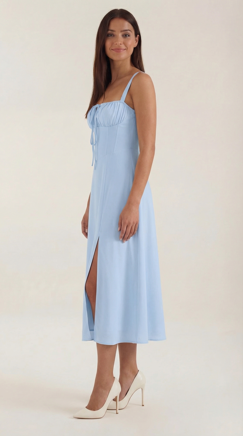 Jade Lace-Up Midi Dress — Women’s Sweetheart Neck A-Line Midi Dress with Side Slit Elegant Summer Dress