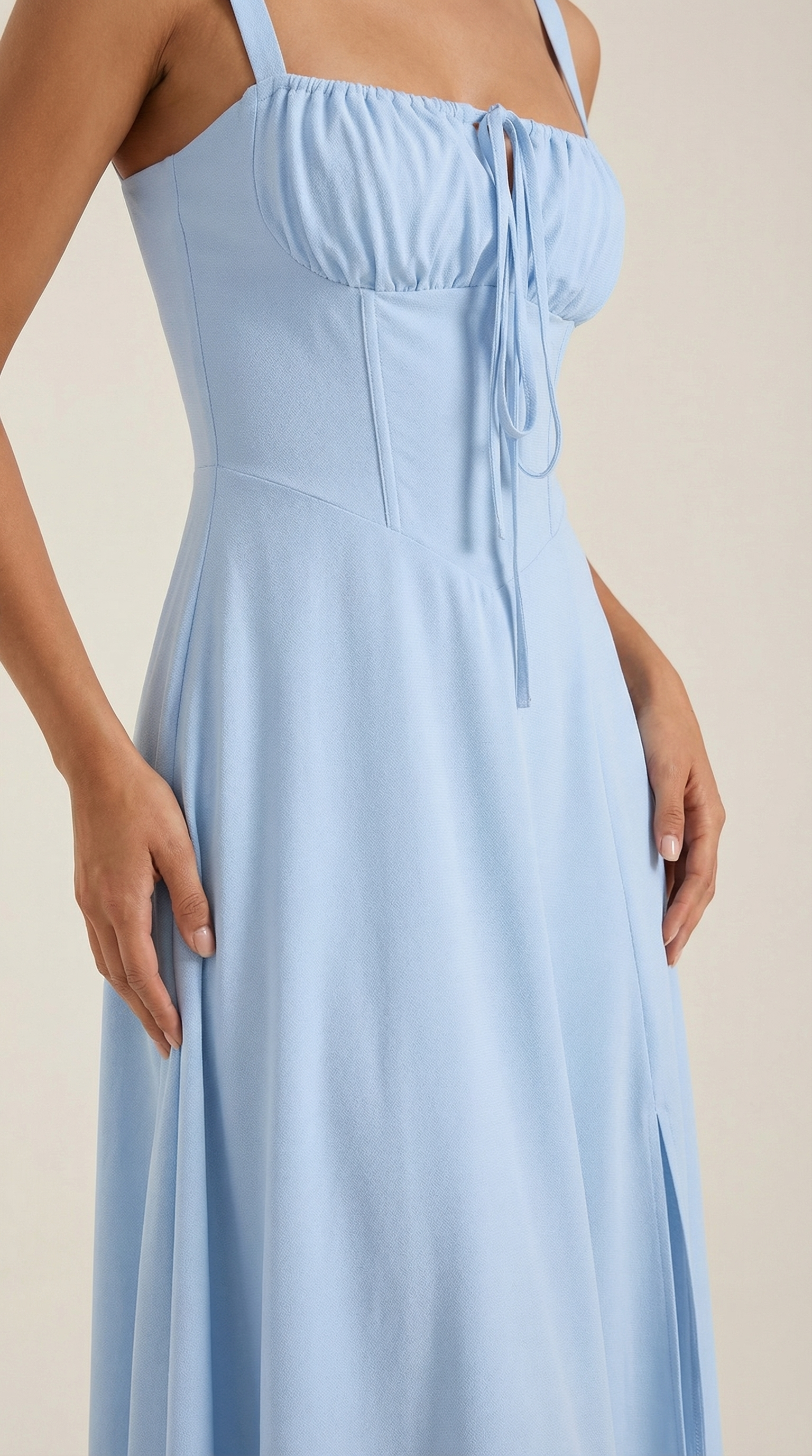 Jade Lace-Up Midi Dress — Women’s Sweetheart Neck A-Line Midi Dress with Side Slit Elegant Summer Dress