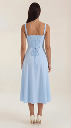 Jade Lace-Up Midi Dress — Women’s Sweetheart Neck A-Line Midi Dress with Side Slit Elegant Summer Dress