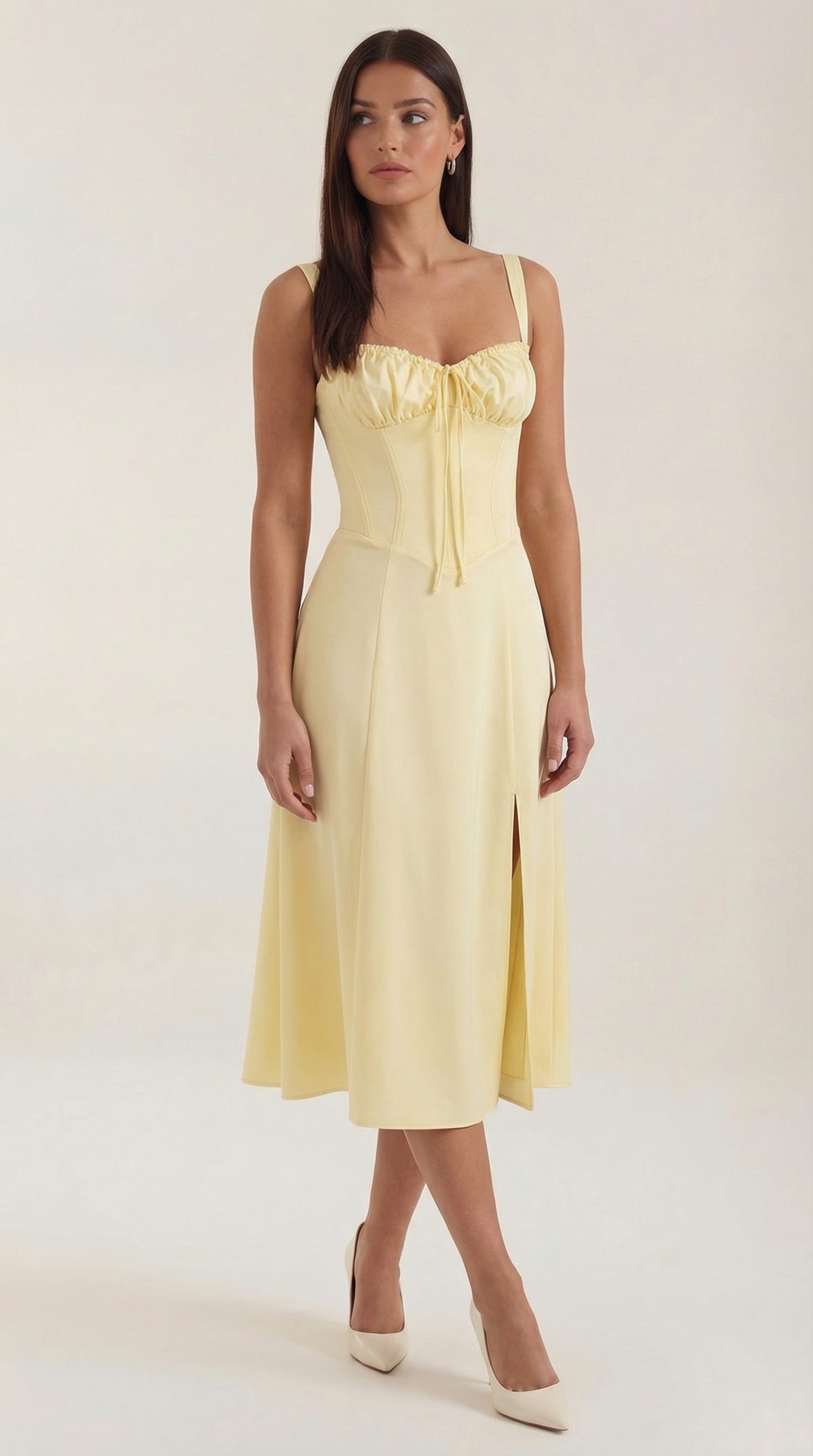 Jade Lace-Up Midi Dress — Women’s Sweetheart Neck A-Line Midi Dress with Side Slit Elegant Summer Dress