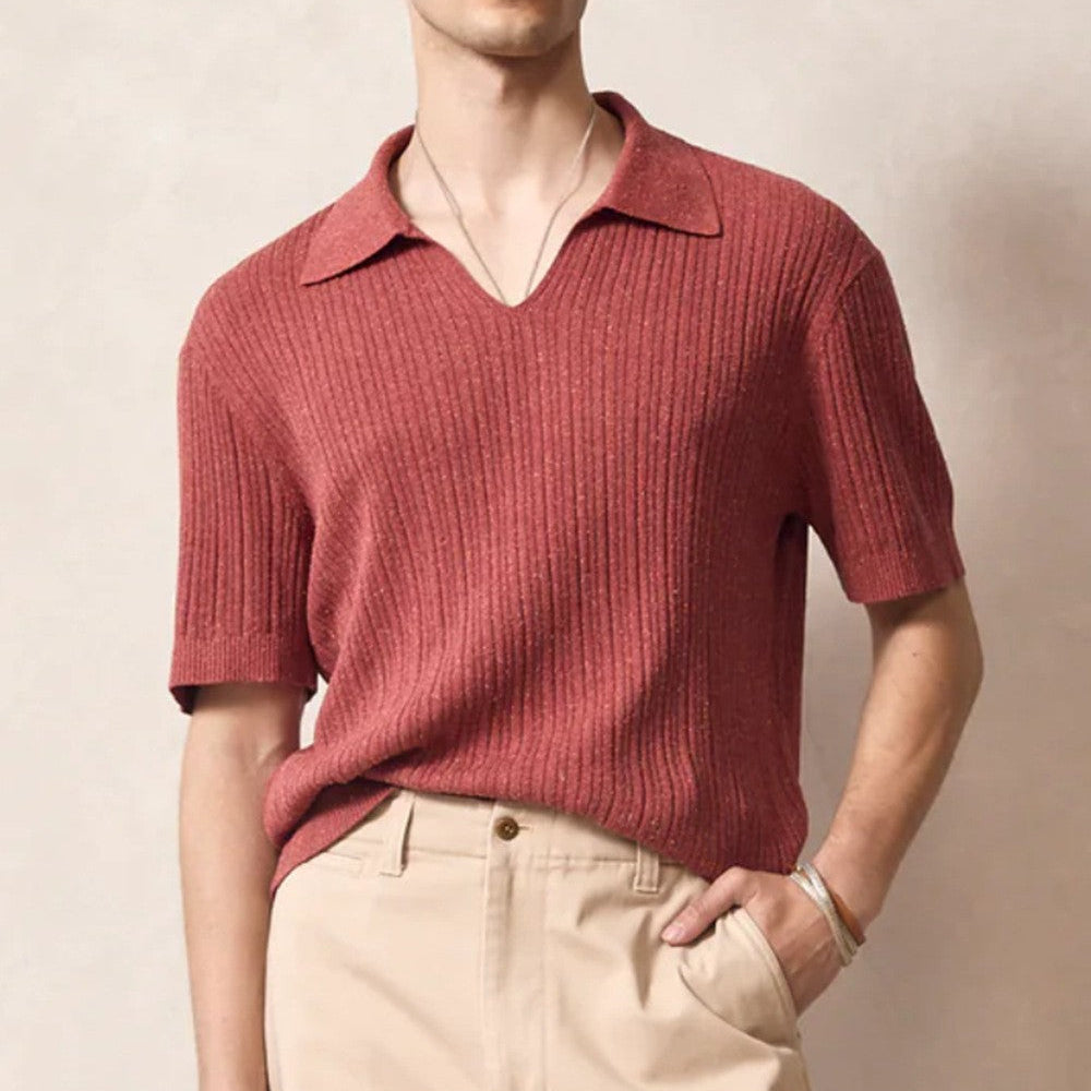 Men’s Ultrasoft Ribbed V-Neck Polo Shirt – Buttonless Johnny Collar Relaxed Fit Casual Top