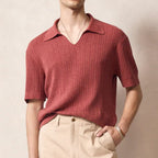 Men’s Ultrasoft Ribbed V-Neck Polo Shirt – Buttonless Johnny Collar Relaxed Fit Casual Top