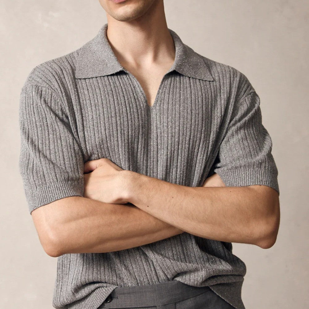 Men’s Ultrasoft Ribbed V-Neck Polo Shirt – Buttonless Johnny Collar Relaxed Fit Casual Top