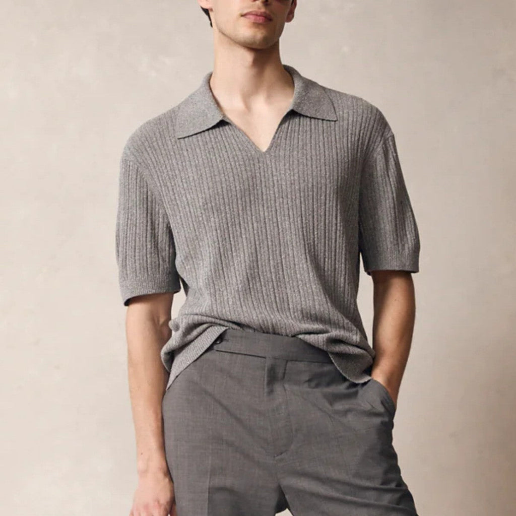Men’s Ultrasoft Ribbed V-Neck Polo Shirt – Buttonless Johnny Collar Relaxed Fit Casual Top