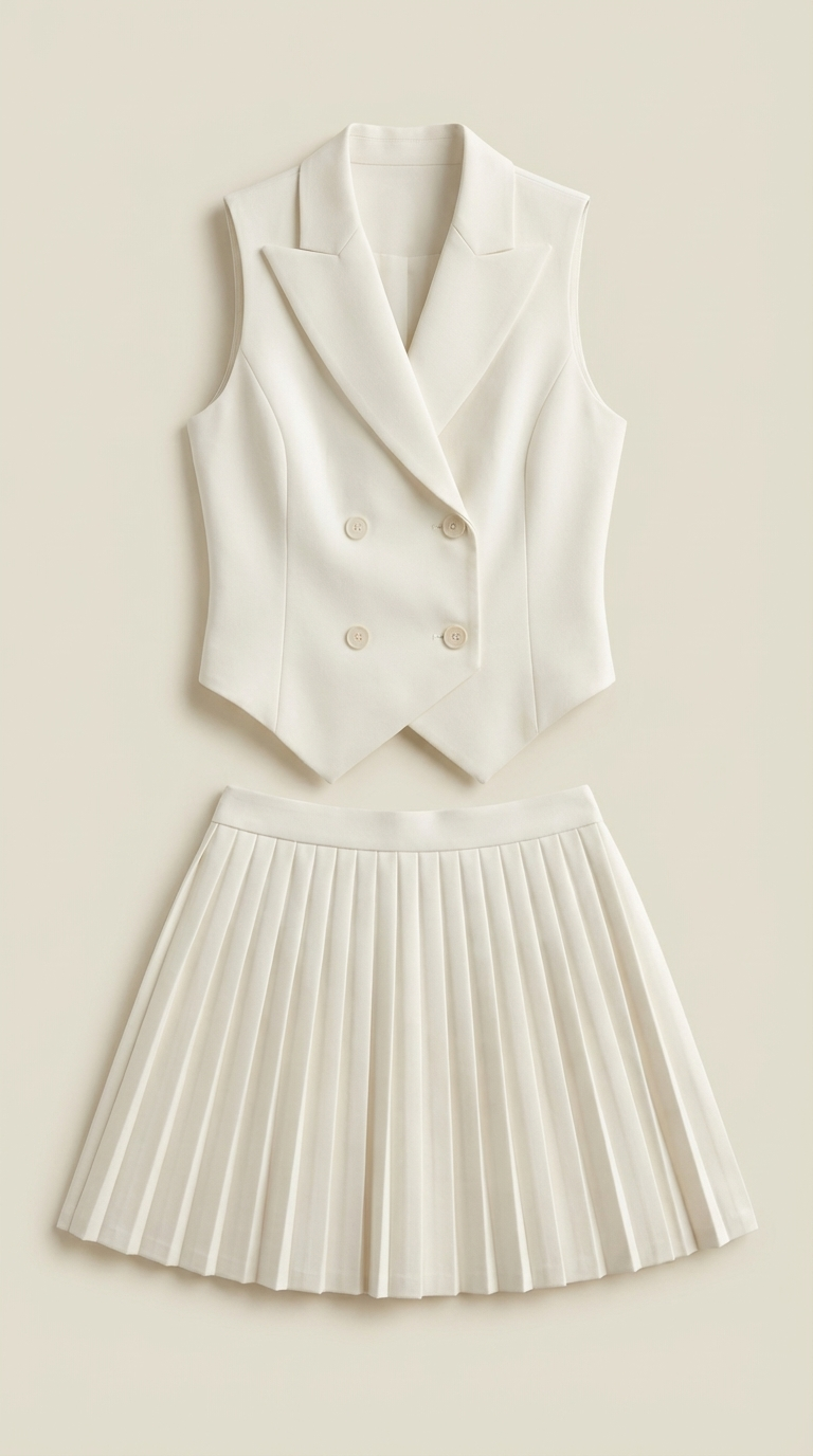 Kimberly Blazer Vest Skirt Set — Women’s Double-Breasted Sleeveless Blazer & Pleated Mini Skirt Power Suit