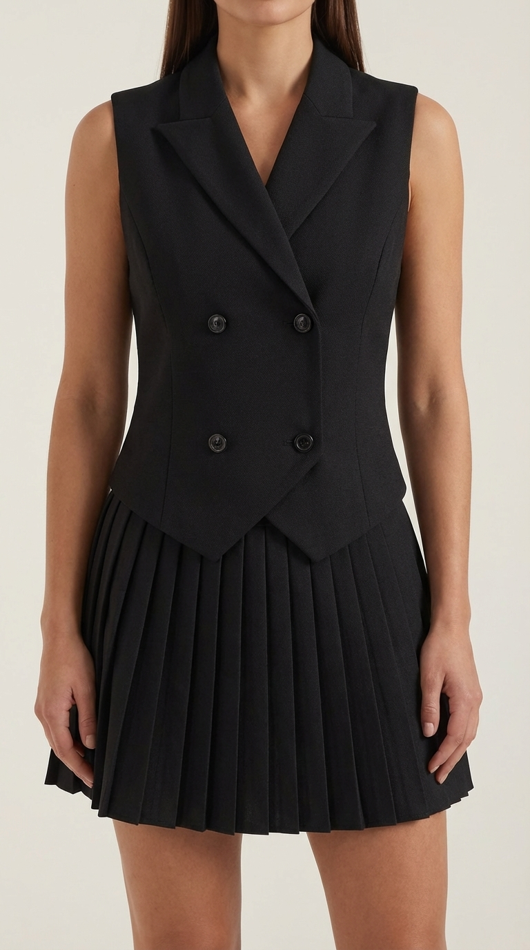 Kimberly Blazer Vest Skirt Set — Women’s Double-Breasted Sleeveless Blazer & Pleated Mini Skirt Power Suit