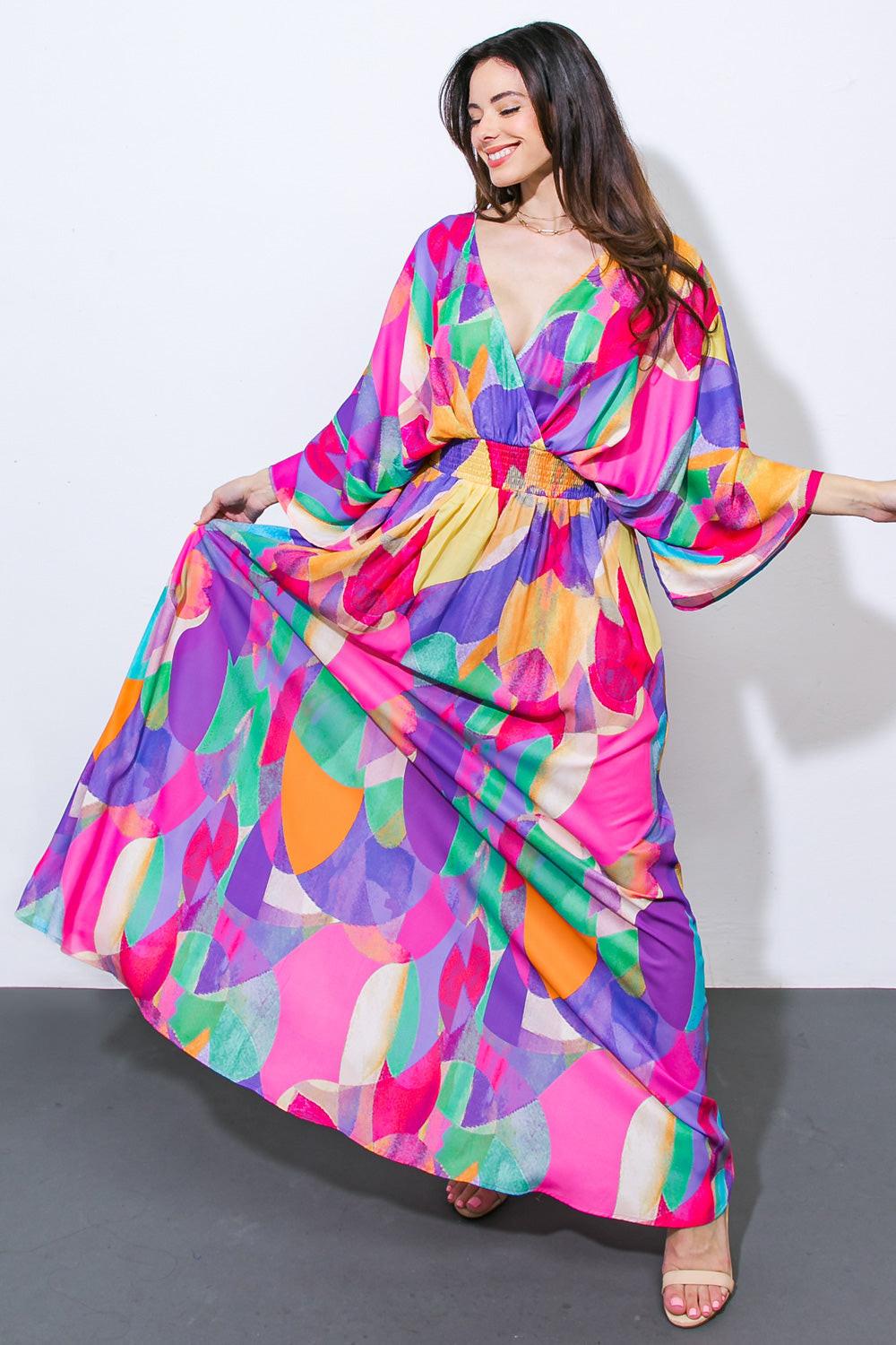 Women’s Surplice Maxi Dress – Kimono Sleeve Smocked Waist Open Back Dress