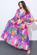 Women’s Surplice Maxi Dress – Kimono Sleeve Smocked Waist Open Back Dress