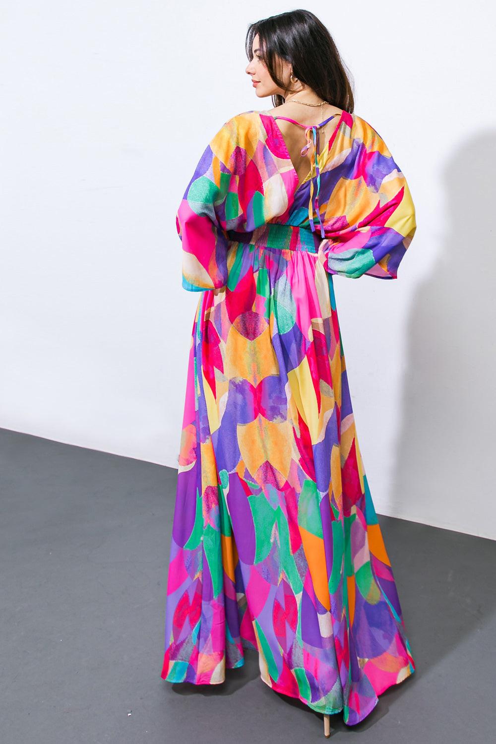 Women’s Surplice Maxi Dress – Kimono Sleeve Smocked Waist Open Back Dress