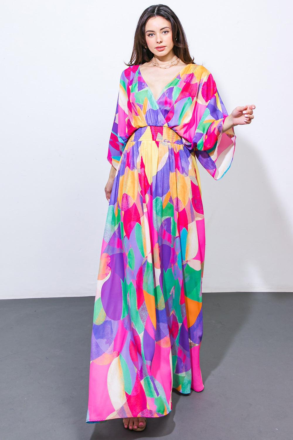 Women’s Surplice Maxi Dress – Kimono Sleeve Smocked Waist Open Back Dress