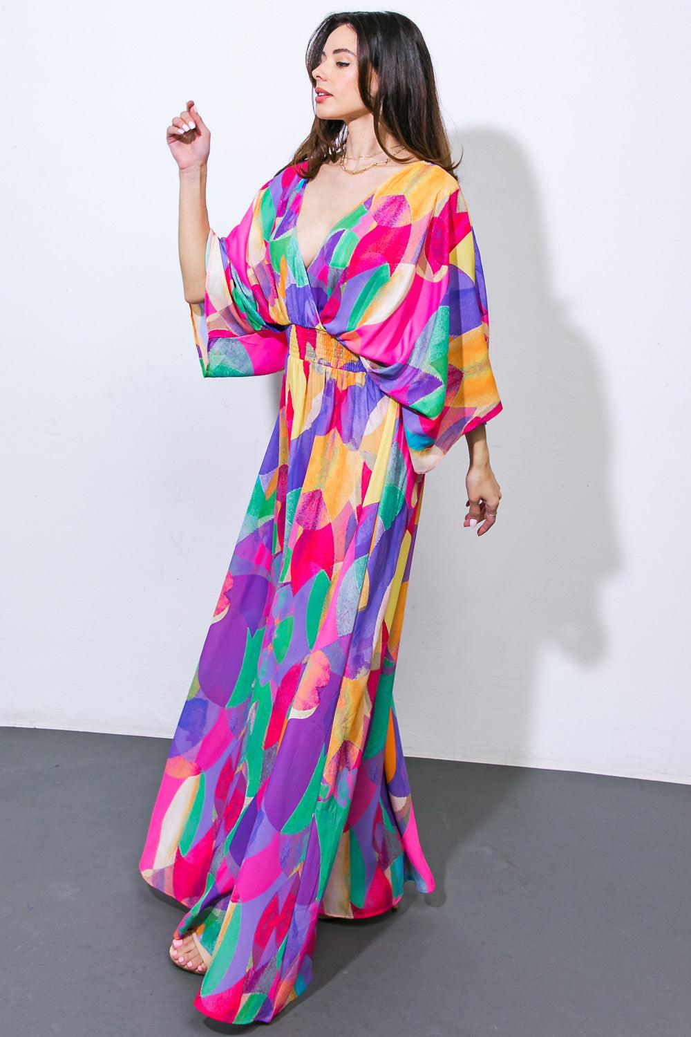 Women’s Surplice Maxi Dress – Kimono Sleeve Smocked Waist Open Back Dress