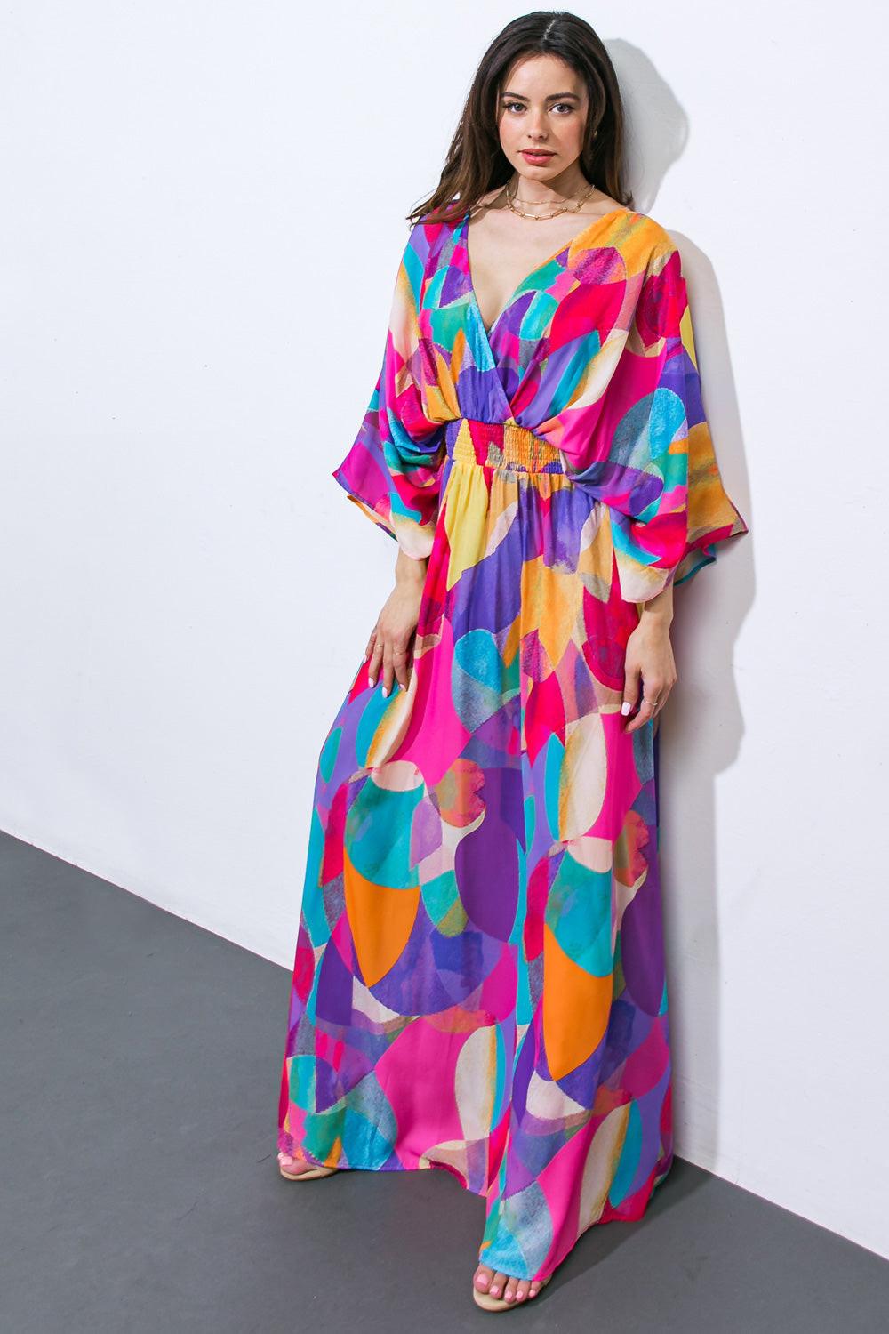 Women’s Surplice Maxi Dress – Kimono Sleeve Smocked Waist Open Back Dress