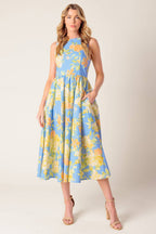 Powder Blue Floral Print Open Back Midi Dress