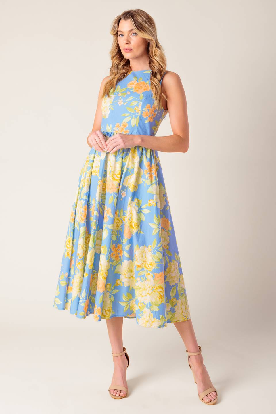 Powder Blue Floral Print Open Back Midi Dress