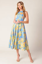 Powder Blue Floral Print Open Back Midi Dress