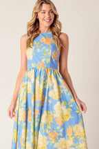 Powder Blue Floral Print Open Back Midi Dress