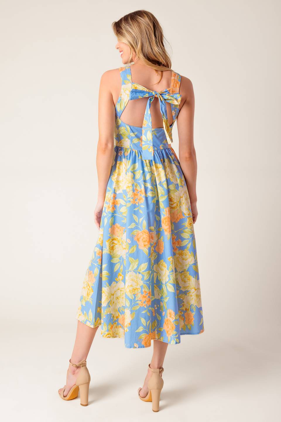Powder Blue Floral Print Open Back Midi Dress