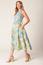 Powder Blue Floral Print Open Back Midi Dress