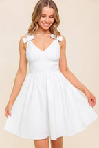 Women’s White V-Neck Mini Dress – Bow Strap Full Skirt Summer Dress