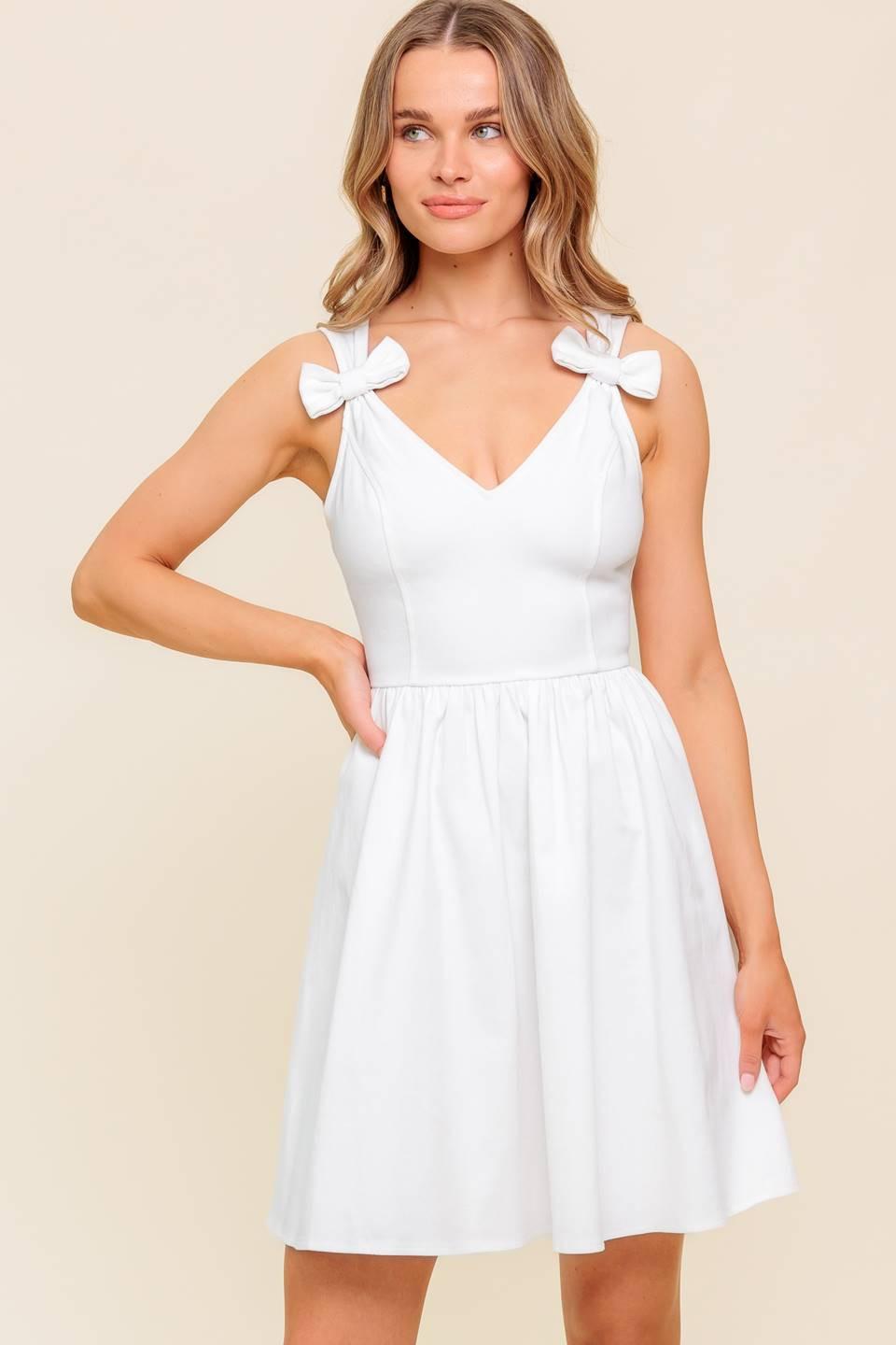 Women’s White V-Neck Mini Dress – Bow Strap Full Skirt Summer Dress
